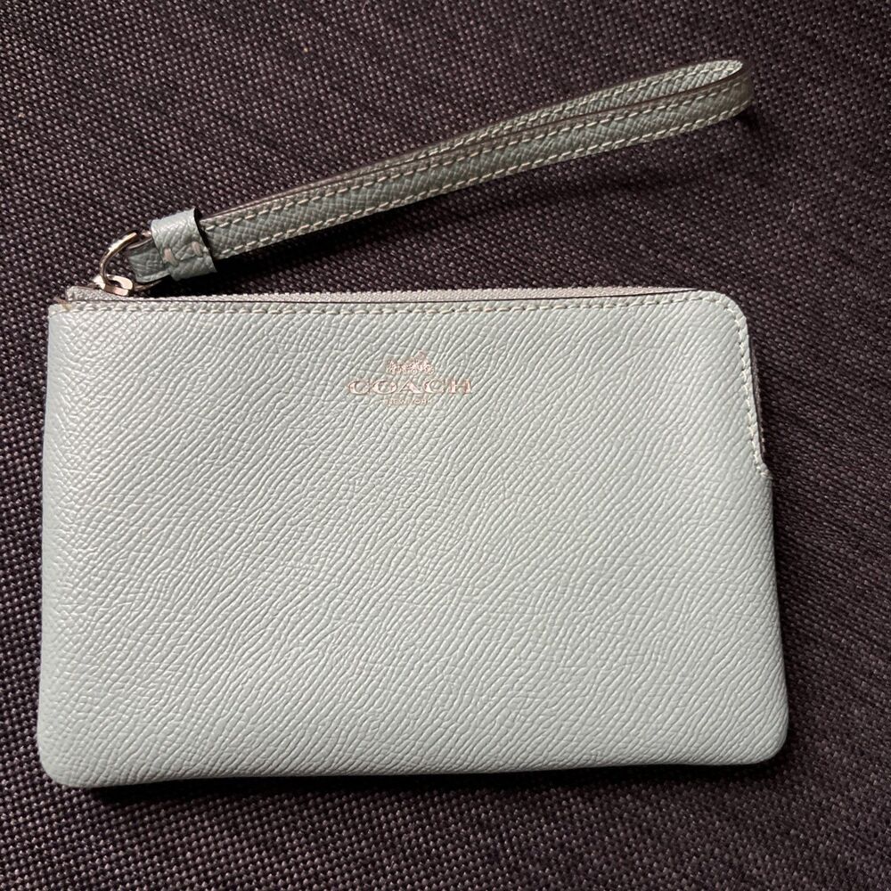COACH Corner Zip Wristlet Powder Blue Pebble Leather Silver Hardware